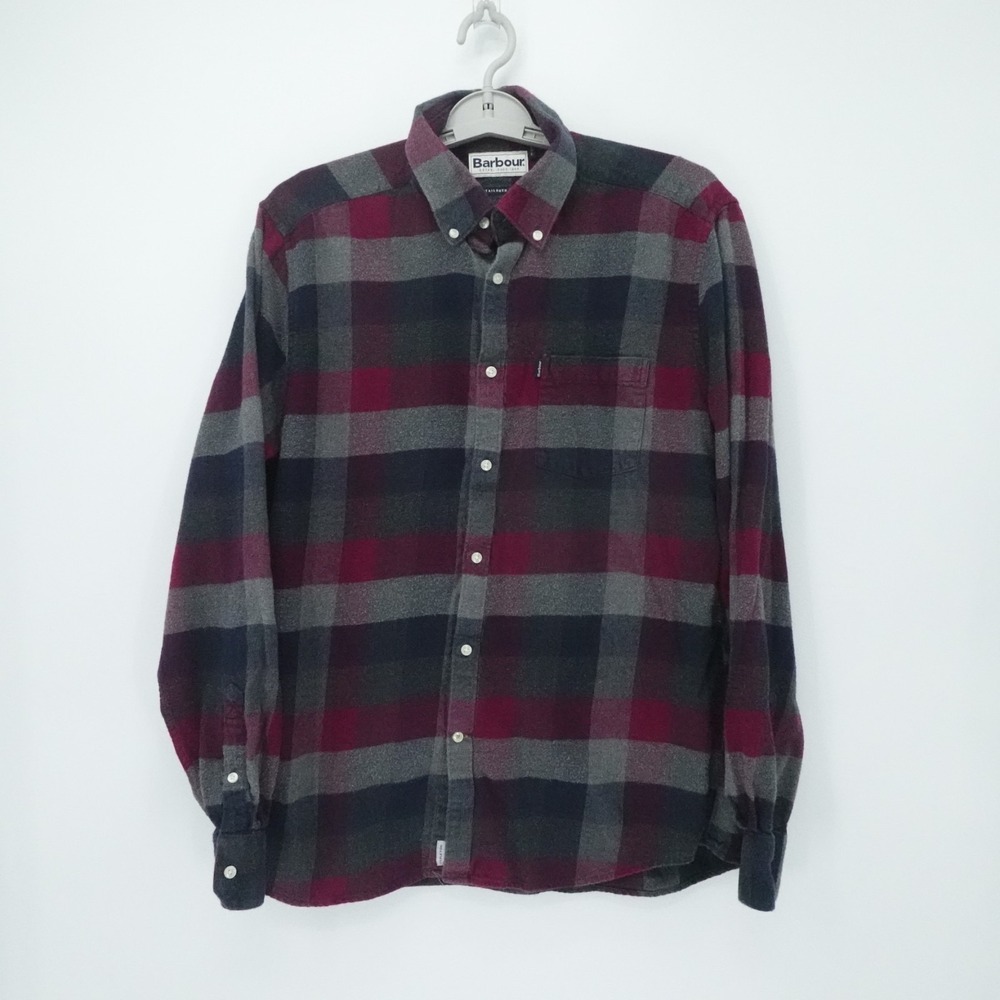 Barbour Shirt Mens Medium Burgundy Plaid Flannel Tailored Fit Casual Soft‎